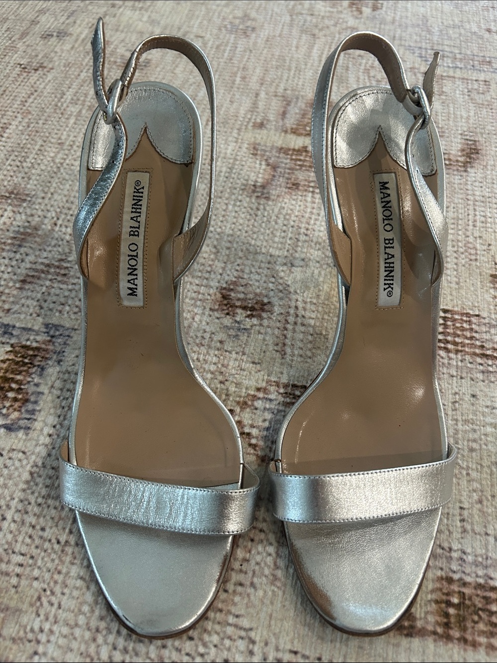 Manolo Blahnik Metallic Silver Open-Toe Slingback Heels